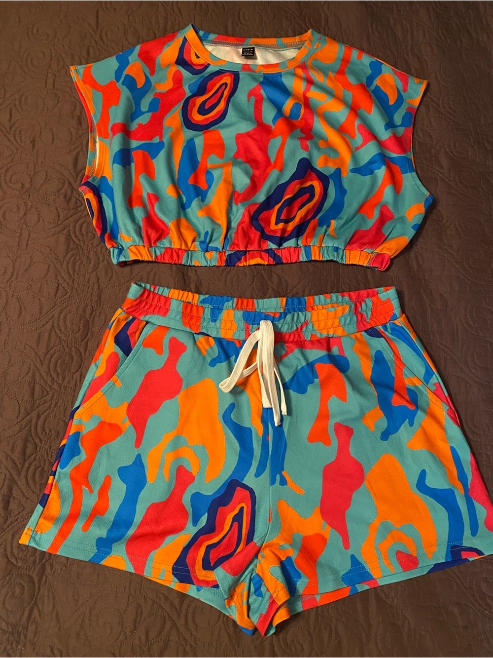 SHEIN Aqua Multi Abstract Drawstring Shorts Set